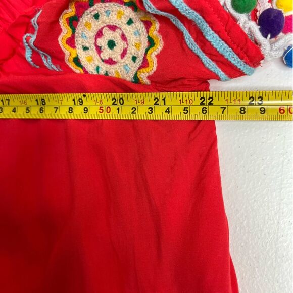 Entro Off Shoulder Pom Pom Embroidered Boho Peasant Tunic Red Orange Women Med - Picture 9 of 11
